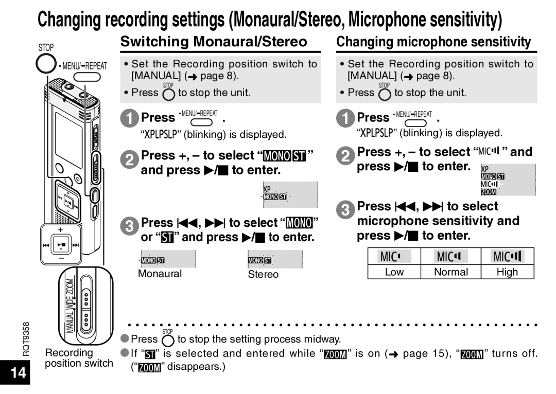 Panasonic RR-US570 Switching Monaural/Stereo, Changing microphone sensitivity, MonauralStereo, Low Normal High 