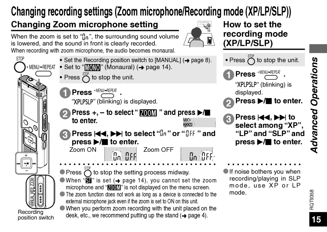 Panasonic RR-US570 Changing Zoom microphone setting, How to set the recording mode XP/LP/SLP, Press u, i to, LP and SLP 