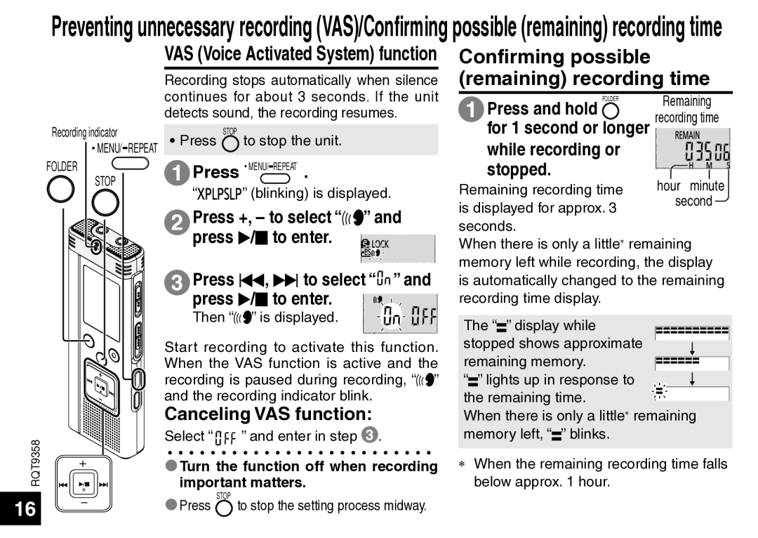 Panasonic RR-US570 Confirming possible remaining recording time, Press +, to select and press q/g to enter 