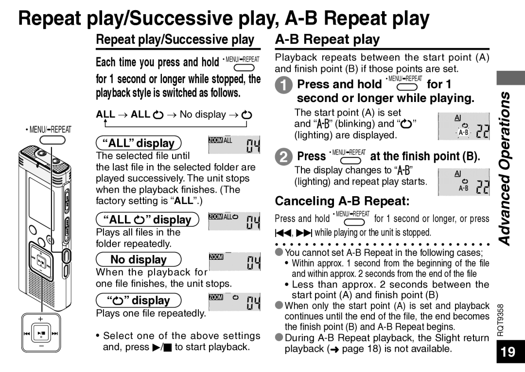 Panasonic RR-US570 operating instructions Repeat play/Successive play, A-B Repeat play, Canceling A-B Repeat, Display 