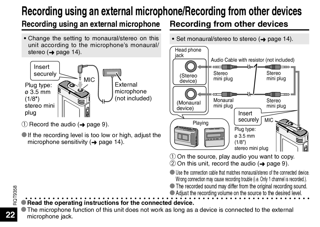 Panasonic RR-US570 operating instructions Recording from other devices, Recording using an external microphone 