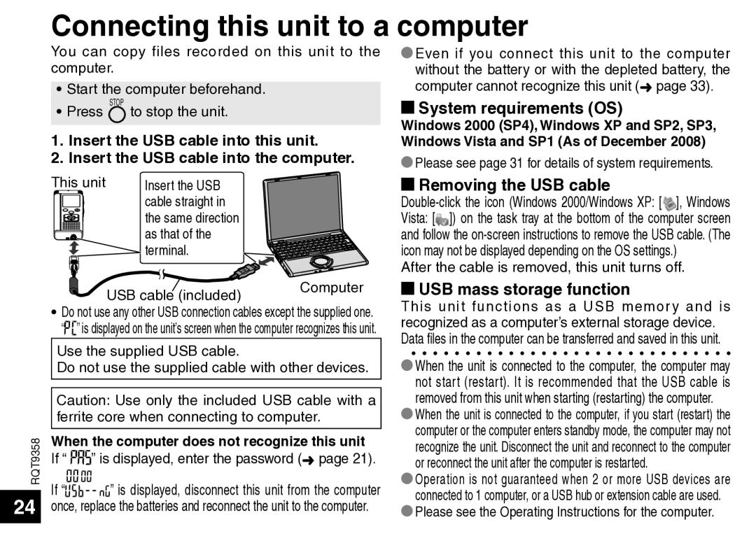 Panasonic RR-US570 Connecting this unit to a computer, System requirements OS, Removing the USB cable 