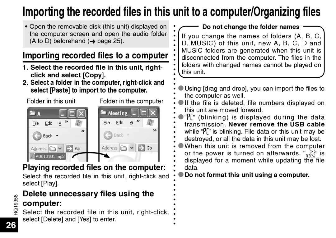 Panasonic RR-US570 operating instructions Importing recorded files to a computer, Playing recorded files on the computer 