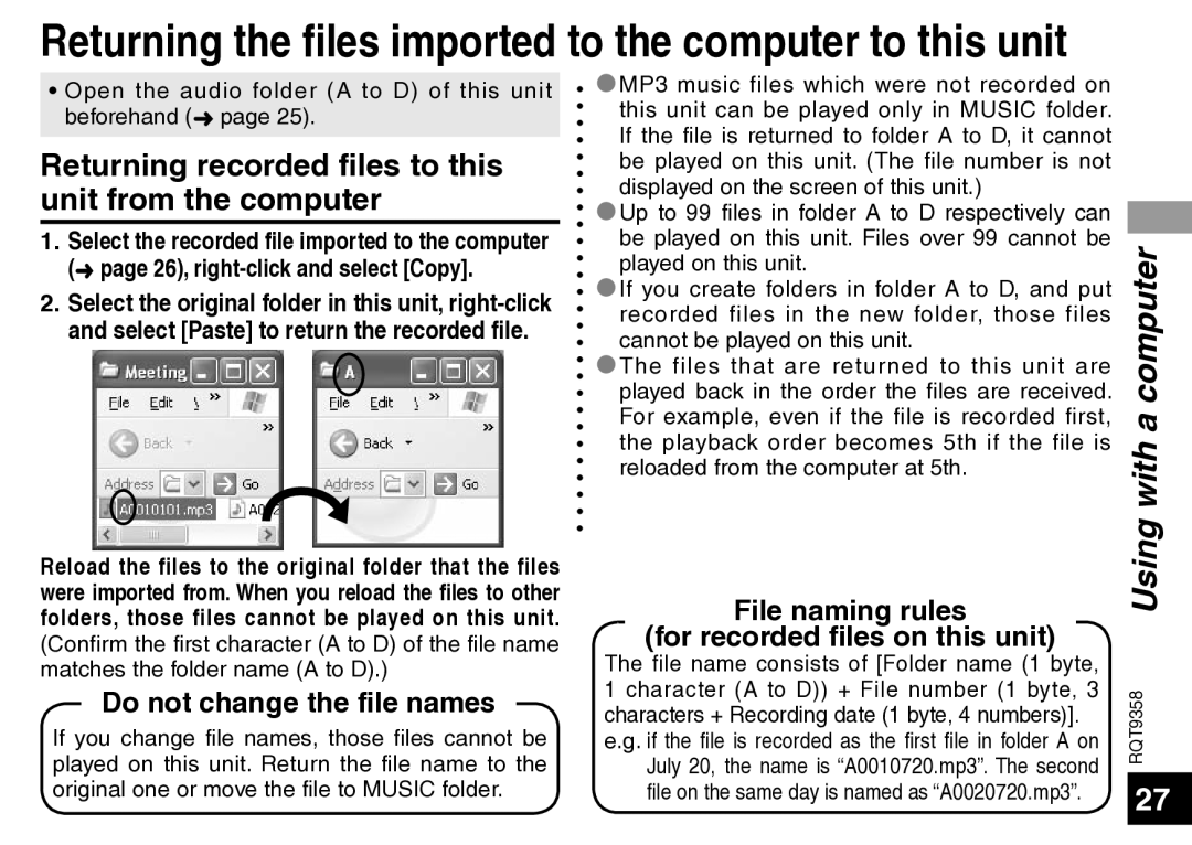 Panasonic RR-US570 Returning recorded files to this unit from the computer, Do not change the file names 