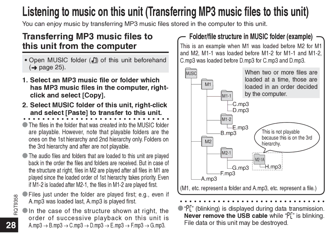 Panasonic RR-US570 operating instructions Transferring MP3 music files to this unit from the computer 