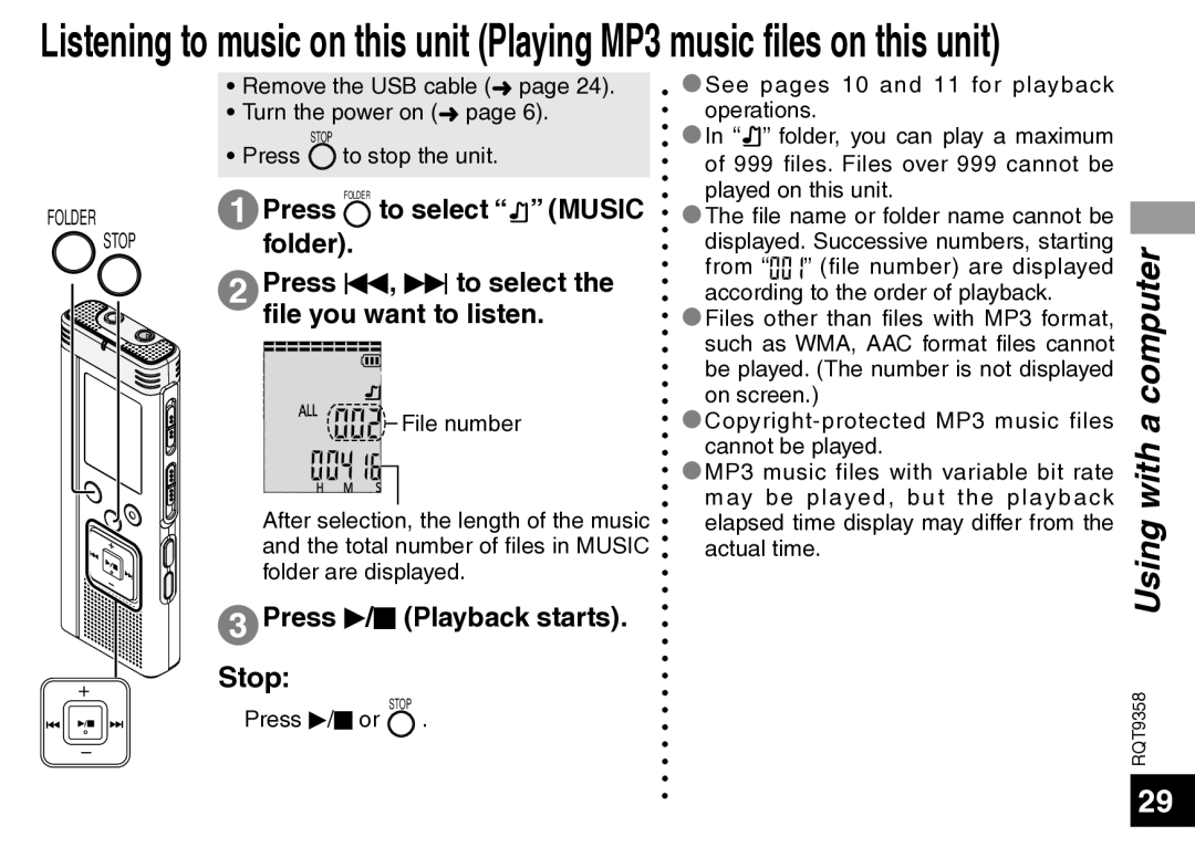 Panasonic RR-US570 Press q/g Playback starts Stop, Remove the USB cable Turn the power on, Press to stop the unit 