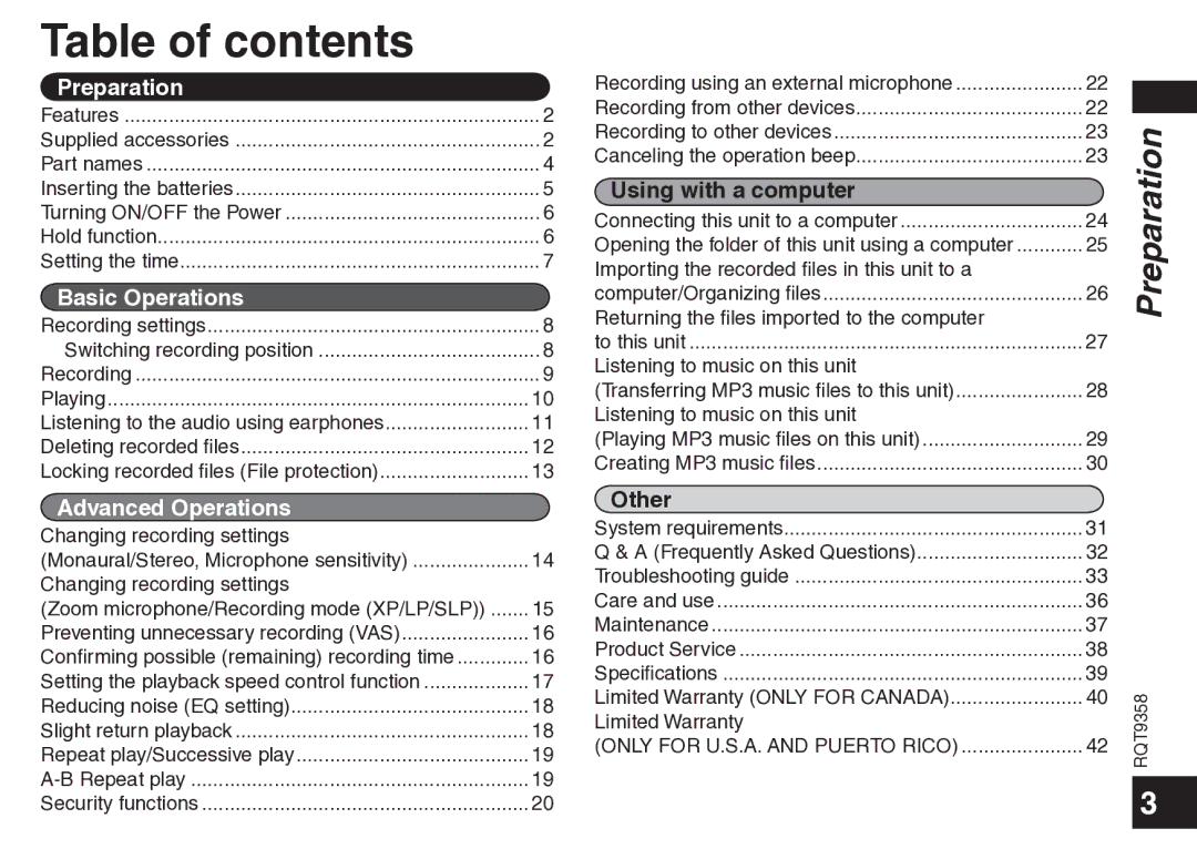 Panasonic RR-US570 operating instructions Table of contents 