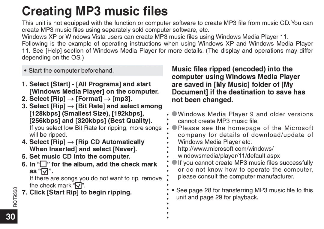 Panasonic RR-US570 operating instructions Creating MP3 music files, Click Start Rip to begin ripping 