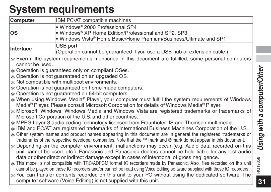 Panasonic RR-US570 operating instructions System requirements, Computer, Interface 