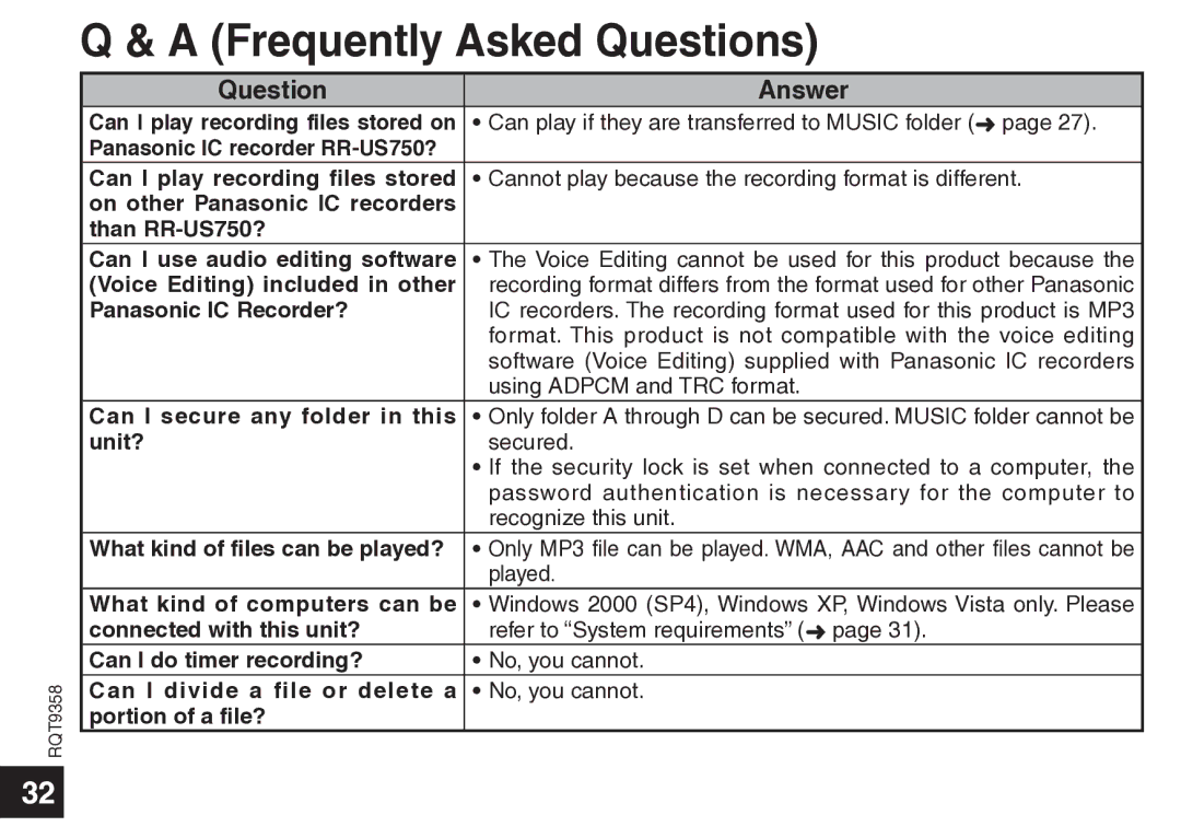 Panasonic RR-US570 operating instructions Frequently Asked Questions, Question Answer 