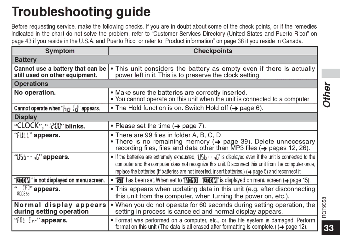 Panasonic RR-US570 operating instructions Troubleshooting guide 