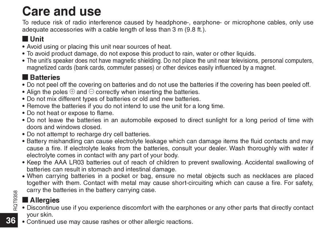 Panasonic RR-US570 operating instructions Care and use, Unit, Batteries, Allergies 