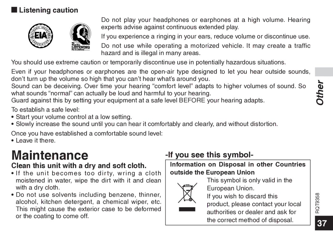 Panasonic RR-US570 Maintenance, If you see this symbol, Listening caution, Clean this unit with a dry and soft cloth 