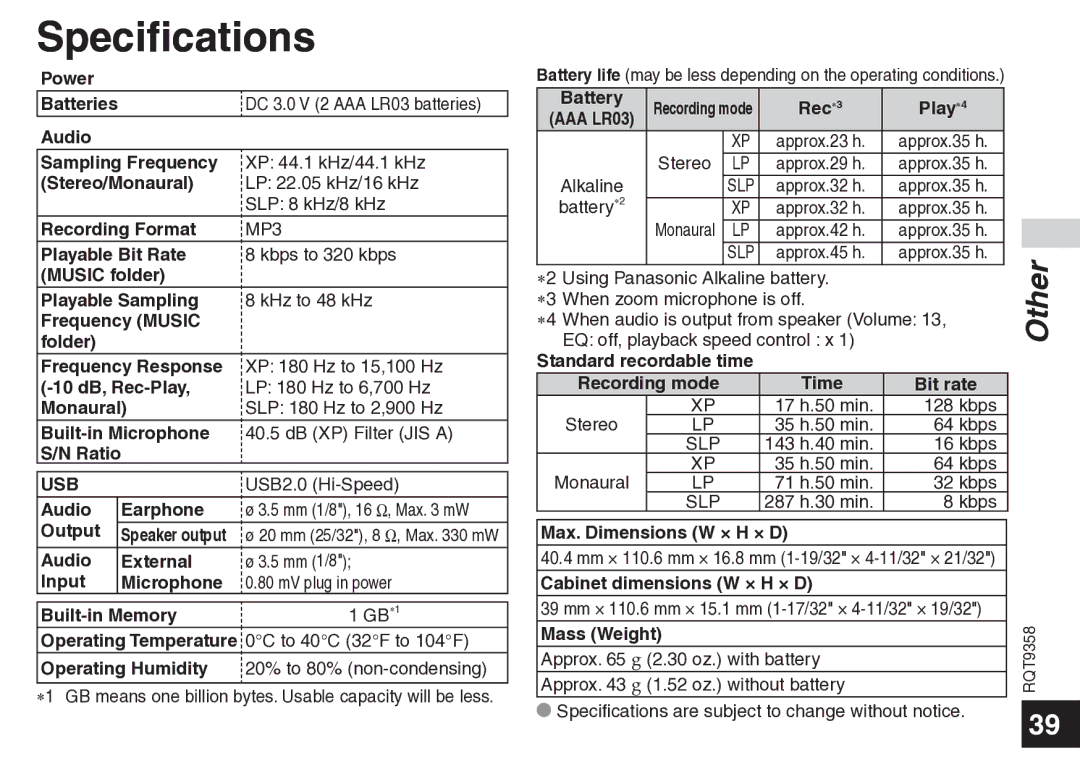 Panasonic RR-US570 operating instructions Specifications, MP3 