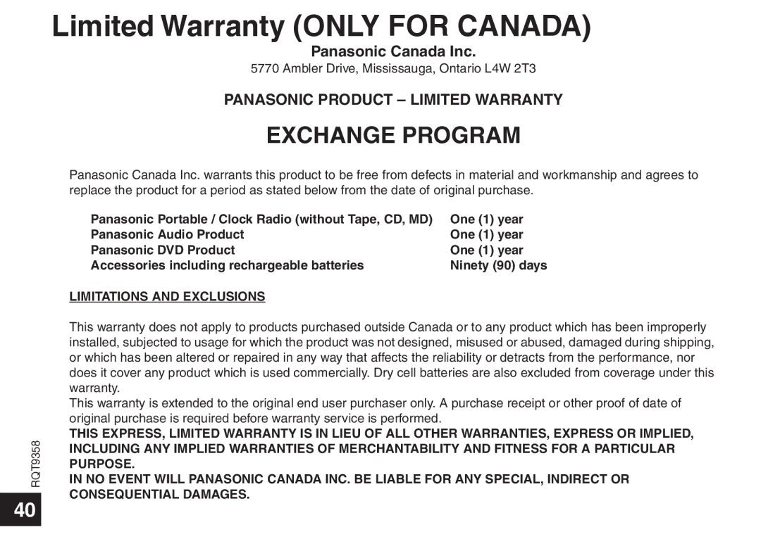 Panasonic RR-US570 operating instructions Limited Warranty only for Canada, Panasonic Canada Inc 