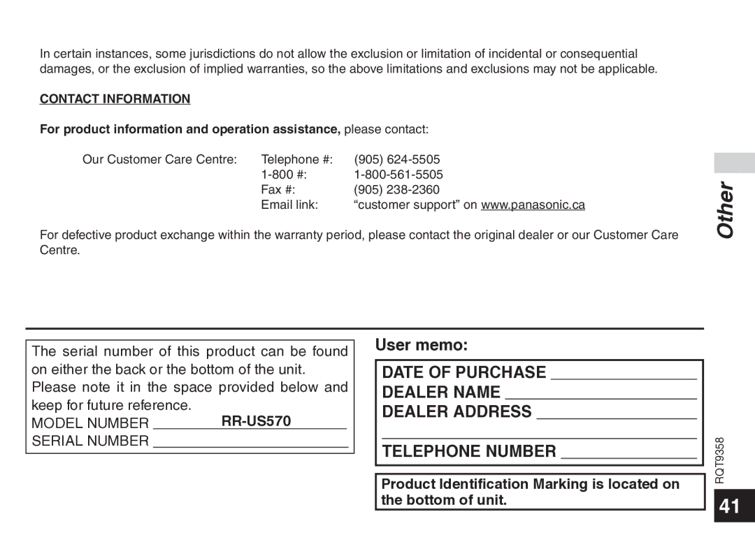 Panasonic RR-US570 operating instructions User memo, Contact Information 