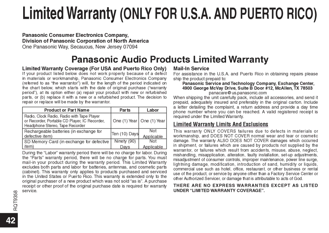 Panasonic RR-US570 operating instructions Limited Warranty only for U.S.A. and Puerto Rico 