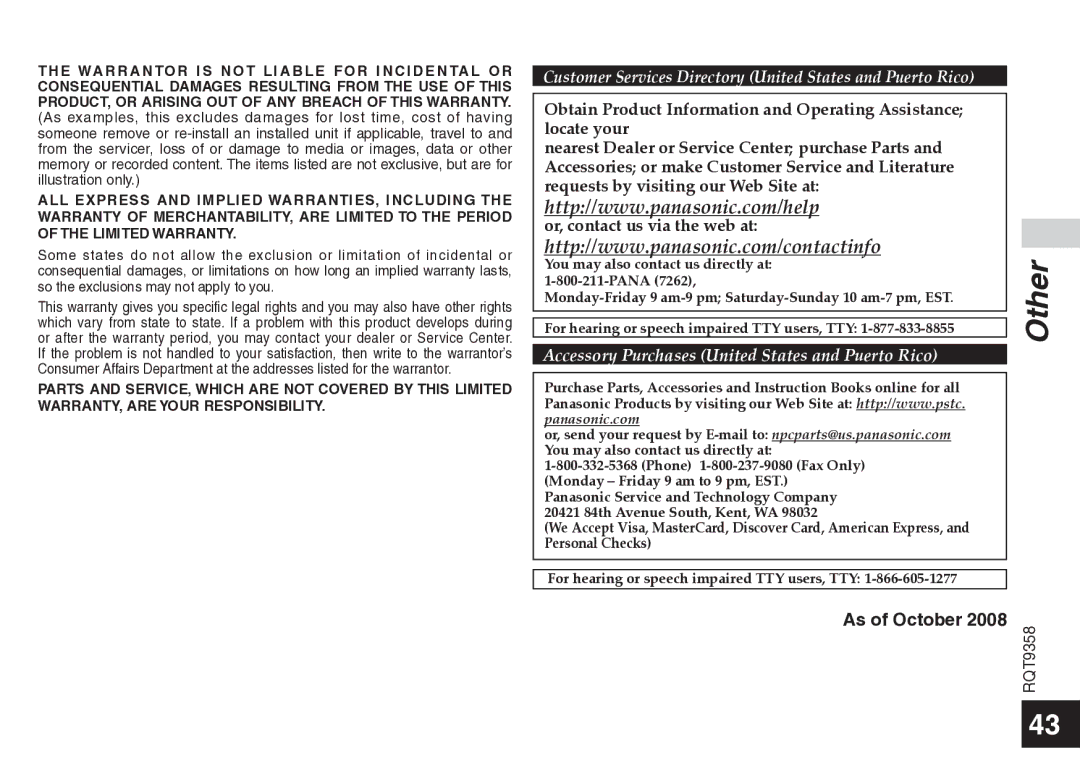 Panasonic RR-US570 operating instructions Accessory Purchases United States and Puerto Rico 