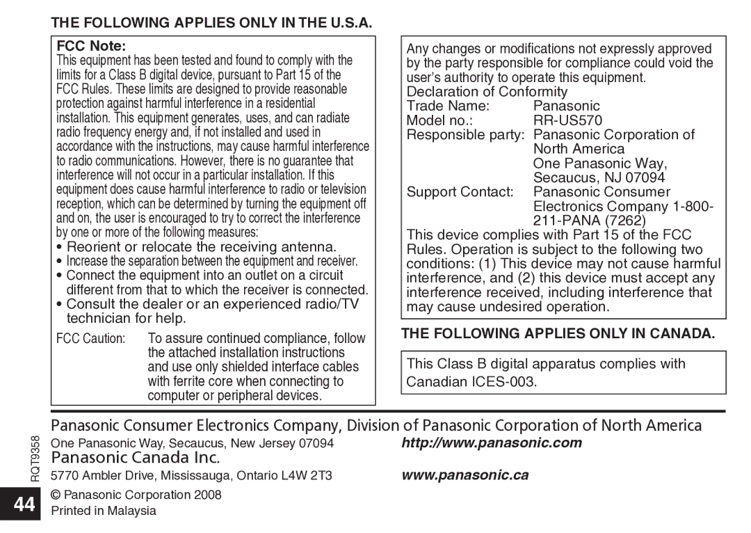 Panasonic RR-US570 FCC Note, Reorient or relocate the receiving antenna, Computer or peripheral devices, Pana 