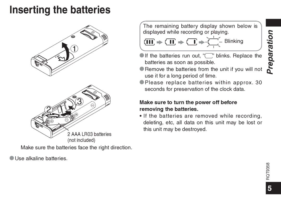 Panasonic RR-US570 Inserting the batteries, Remaining battery display shown below is, Displayed while recording or playing 