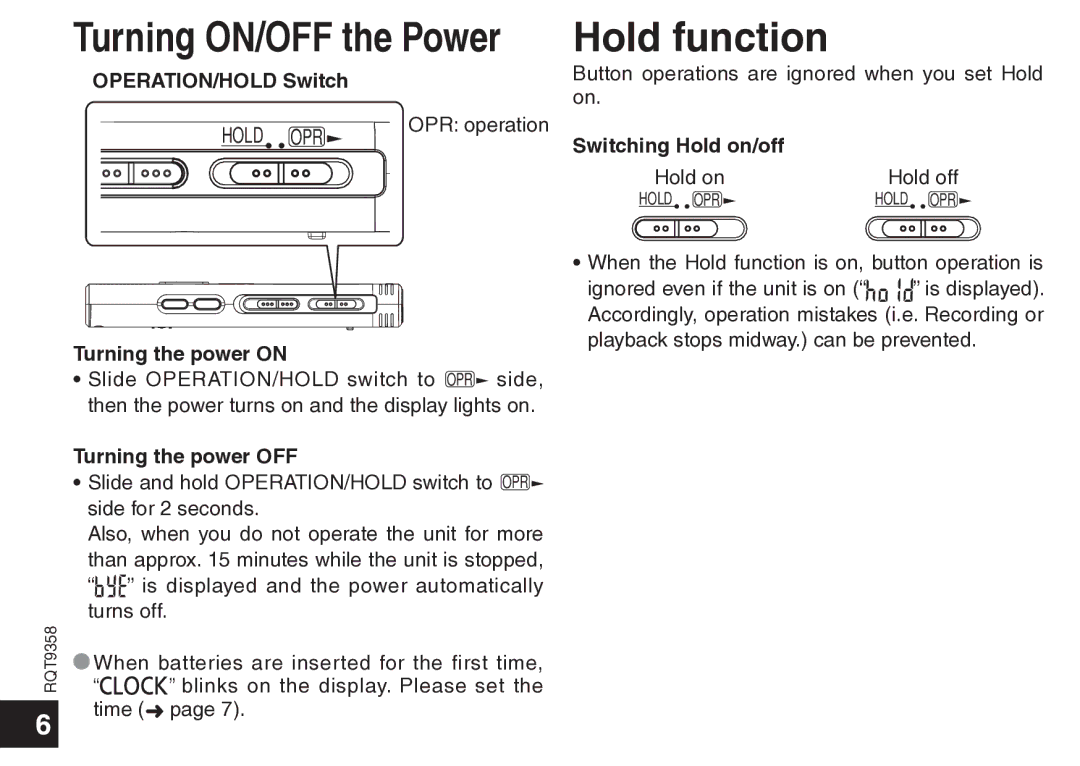 Panasonic RR-US570 operating instructions Hold function, OPERATION/HOLD Switch, Turning the power on, Turning the power OFF 