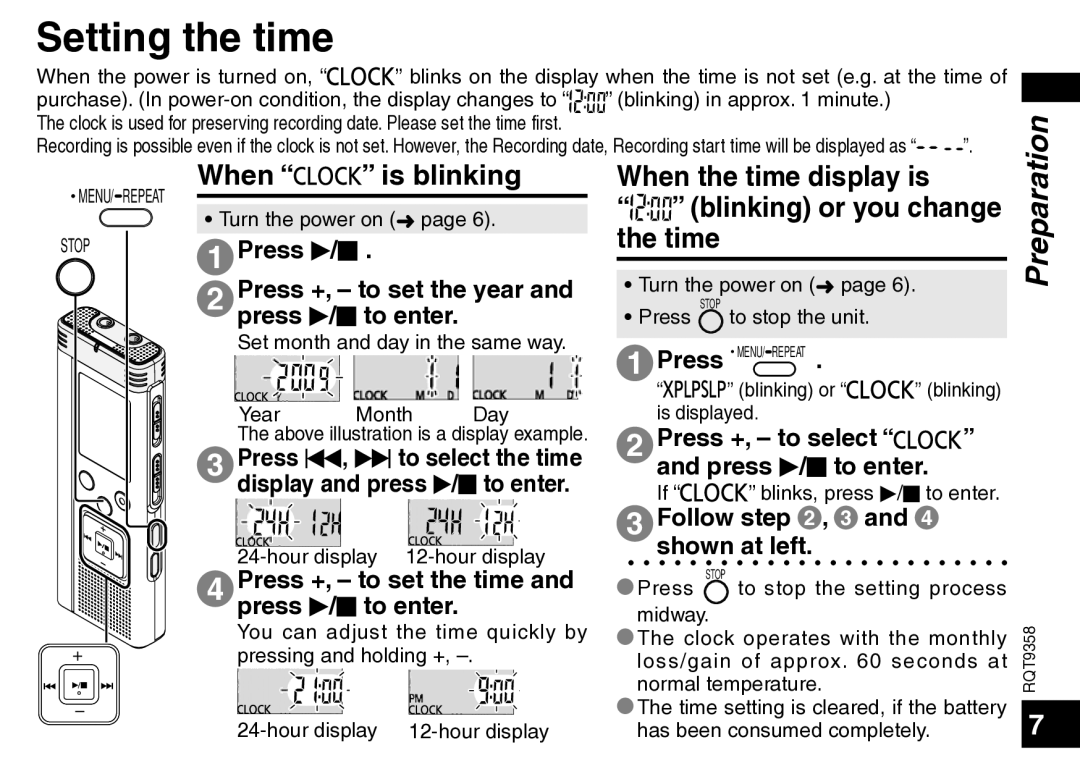 Panasonic RR-US570 operating instructions Setting the time, When Is blinking When the time display is, Time 