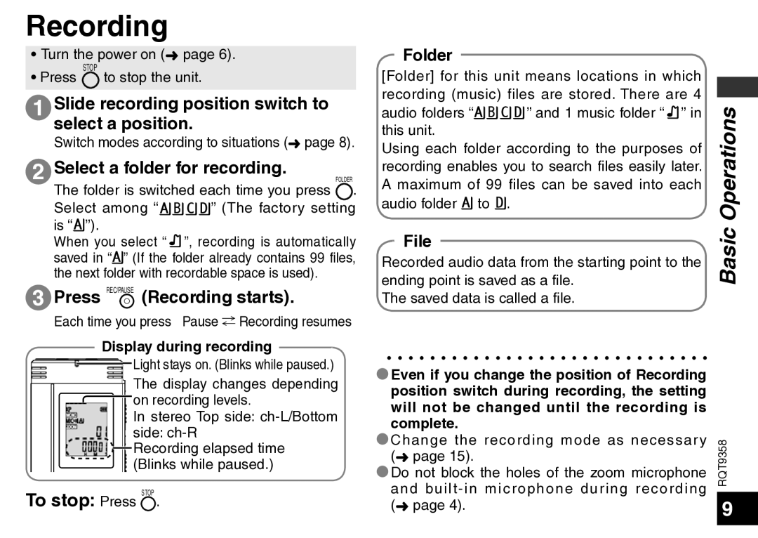 Panasonic RR-US570 Recording, Slide recording position switch to select a position, Select a folder for recording 