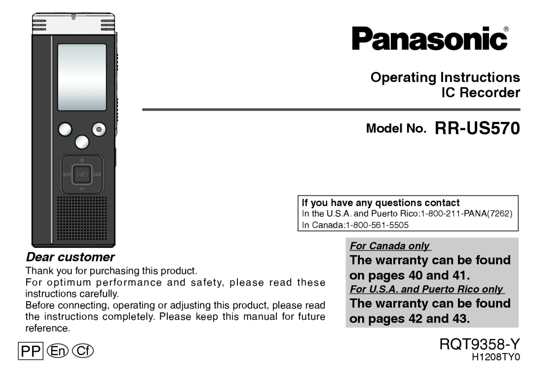 Panasonic operating instructions Operating Instructions IC Recorder, Model No. RR-US570, Dear customer, En Cf 