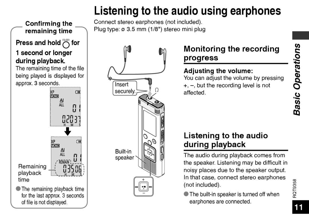 Panasonic RR-US570 Listening to the audio using earphones, Basic, Monitoring the recording, progress, during playback 