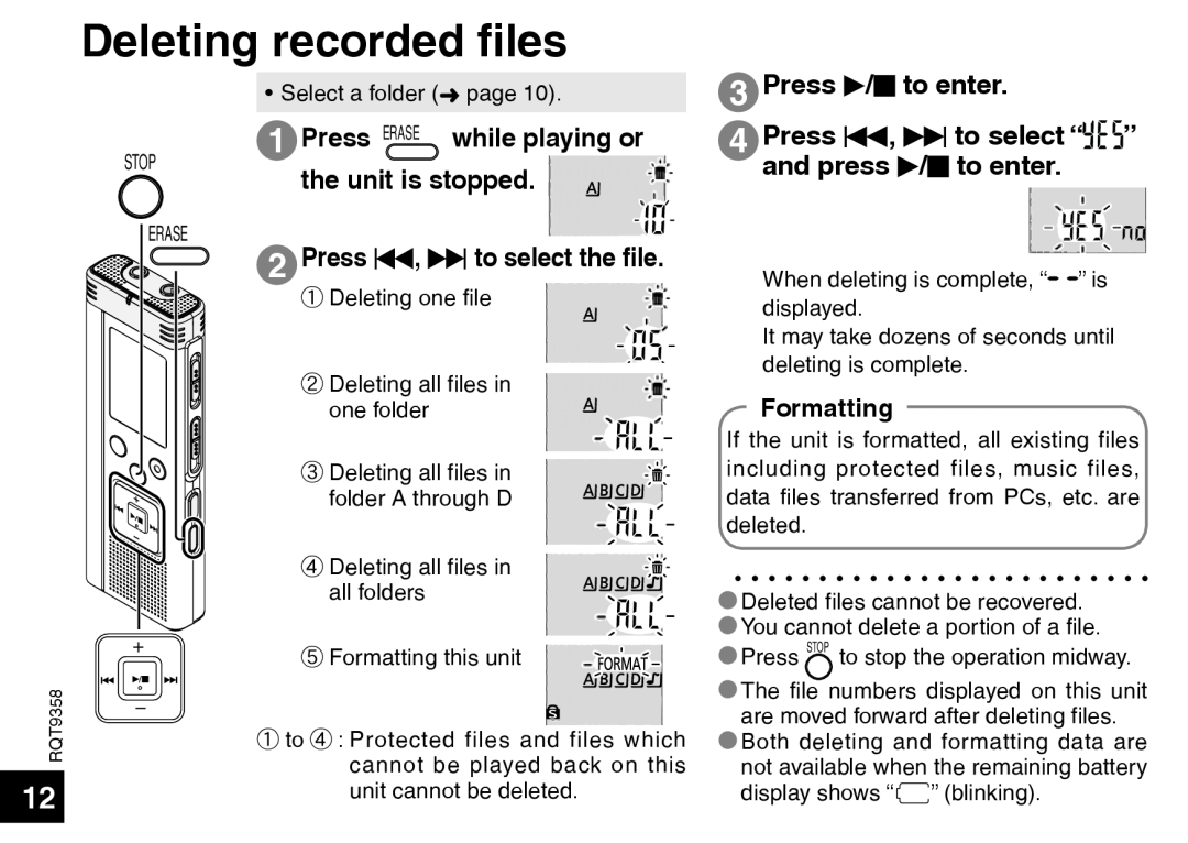 Panasonic RR-US570 Deleting recorded files, Press ERASE while playing or, Press q/g to enter, Press u, i to select “ ” 