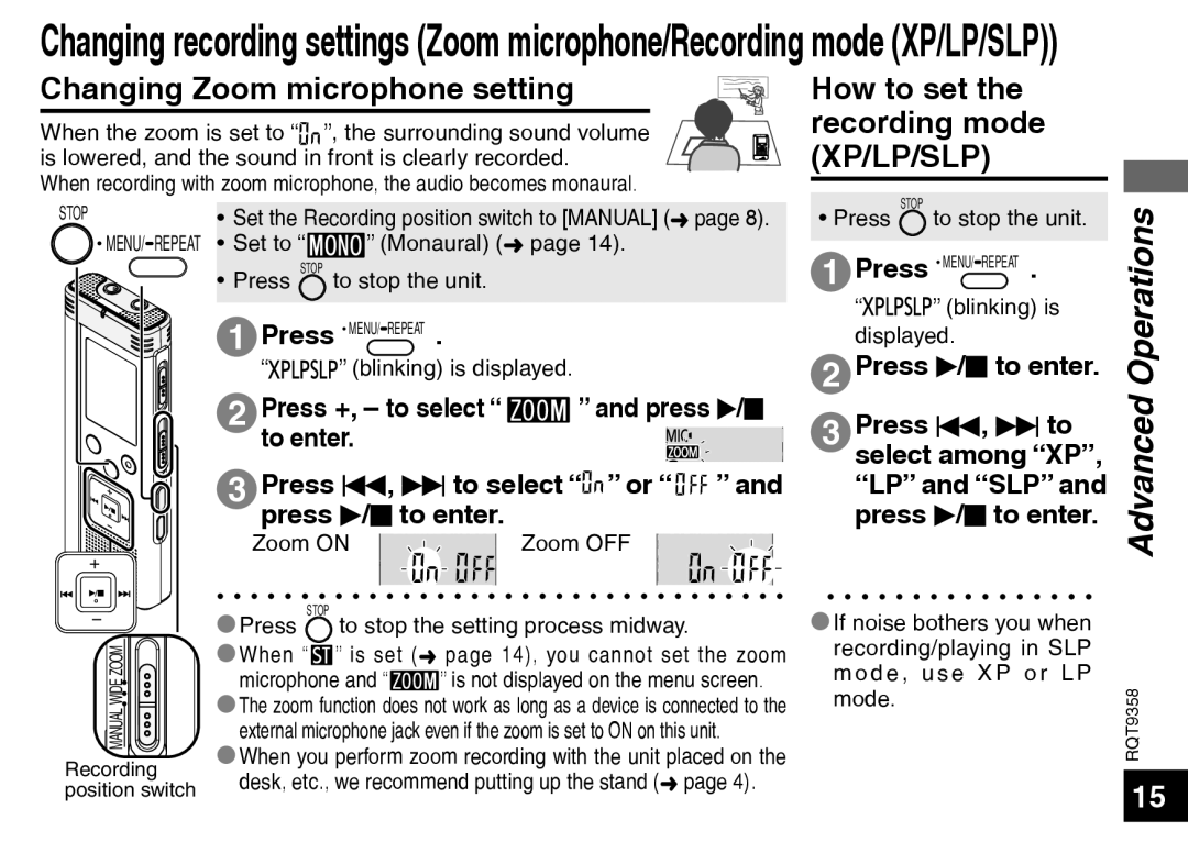 Panasonic RR-US570 Operations, Advanced, Changing Zoom microphone setting, How to set the recording mode XP/LP/SLP, Stop 