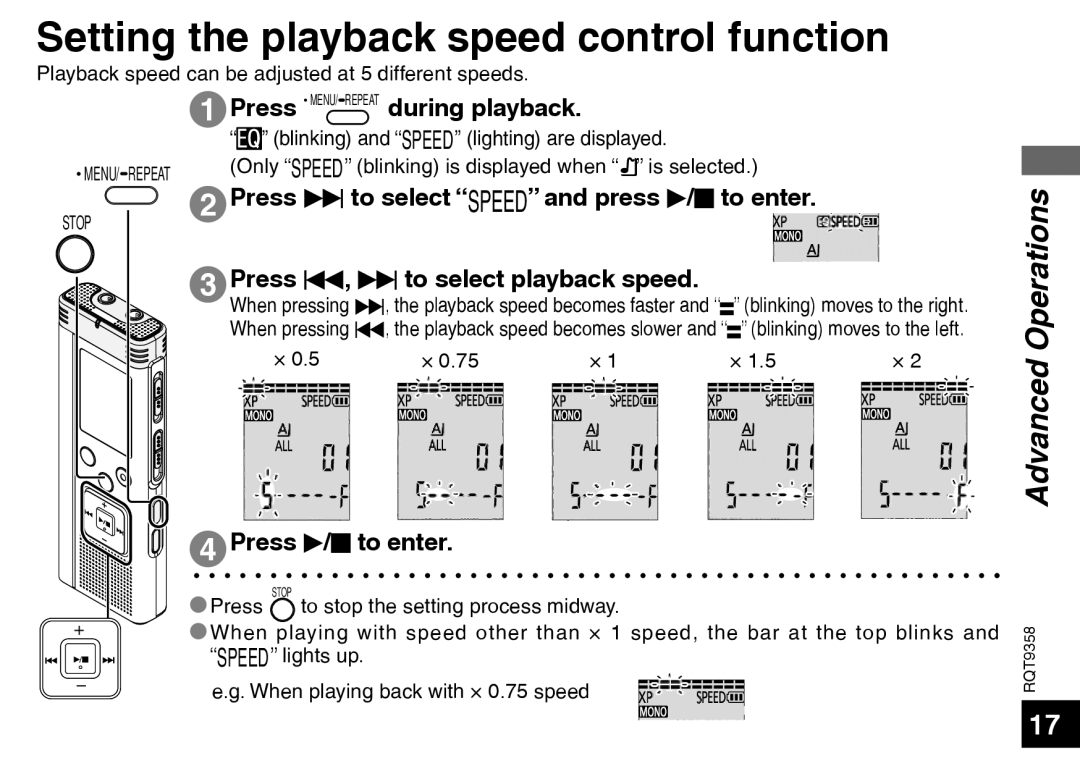 Panasonic RR-US570 Setting the playback speed control function, Press MENU/ REPEAT during playback, Press q/g to enter 