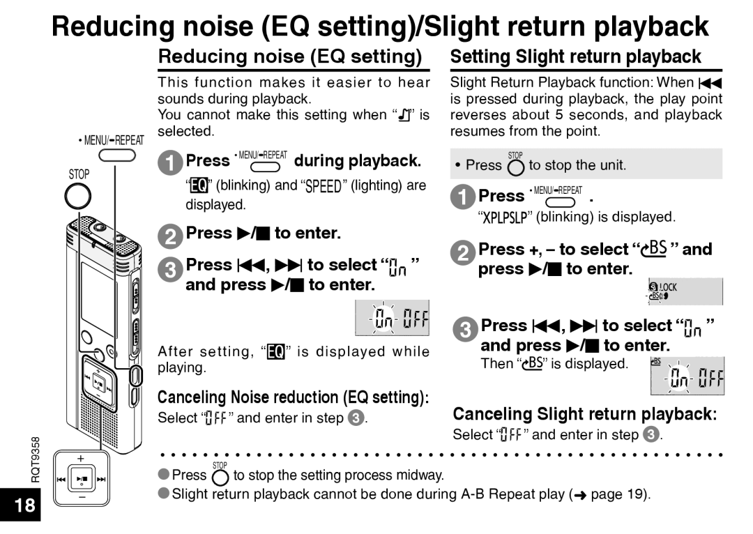 Panasonic RR-US570 Reducing noise EQ setting/Slight return playback, Setting Slight return playback, Press q/g to enter 