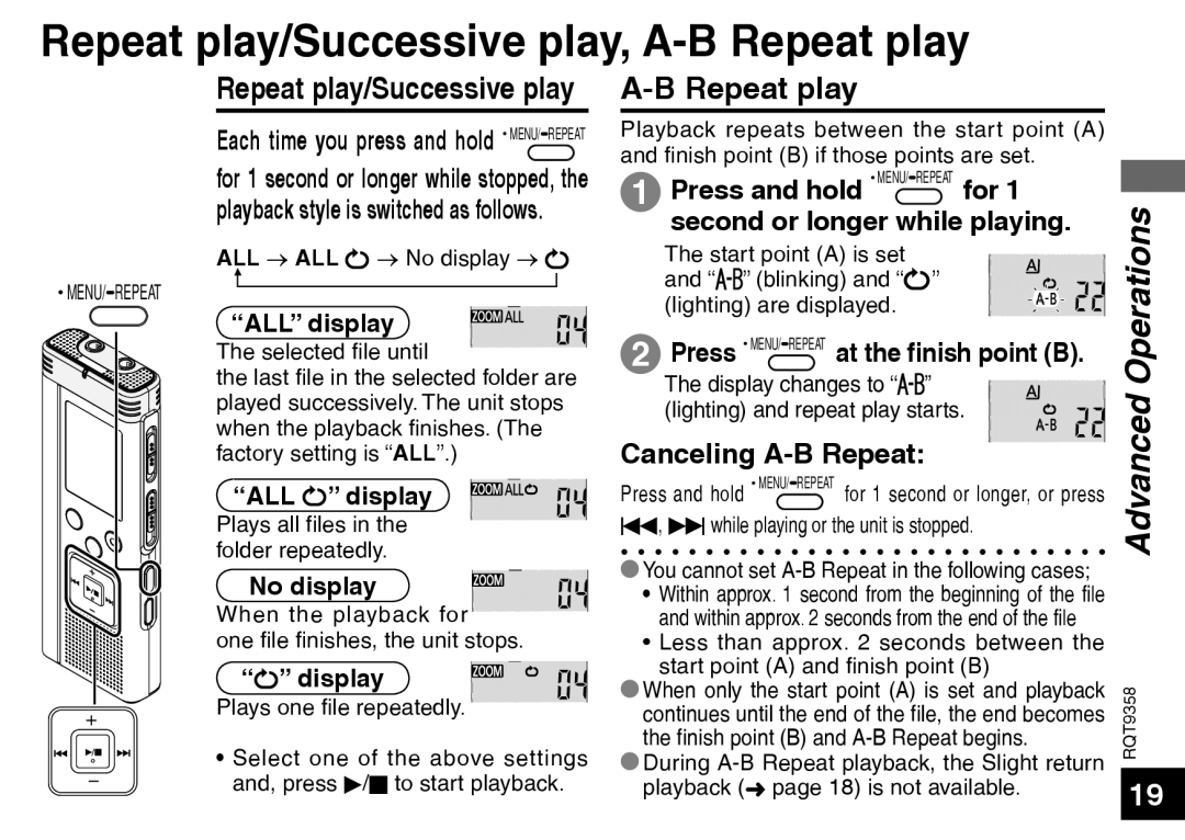 Panasonic RR-US570 Repeat play/Successive play, A-B Repeat play, Advanced Operations, Canceling A-B Repeat, “” display 