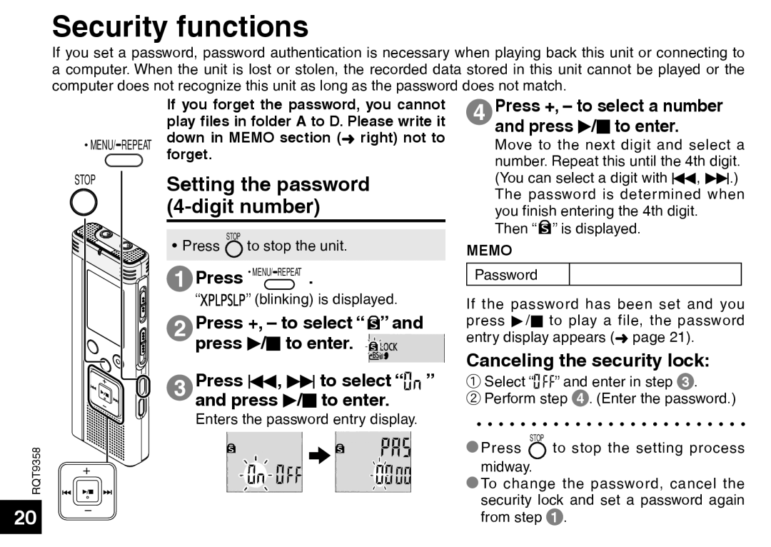 Panasonic RR-US570 Security functions, Setting the password 4-digit number, Canceling the security lock, Memo 