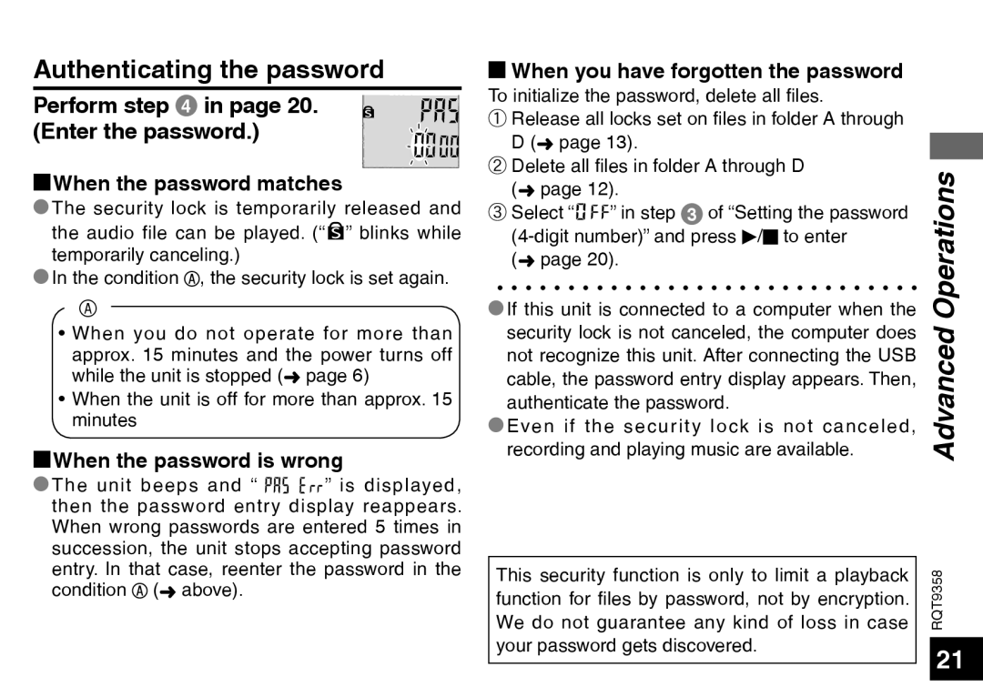 Panasonic RR-US570 Authenticating the password, Perform in page 20. Enter the password, gWhen the password matches 