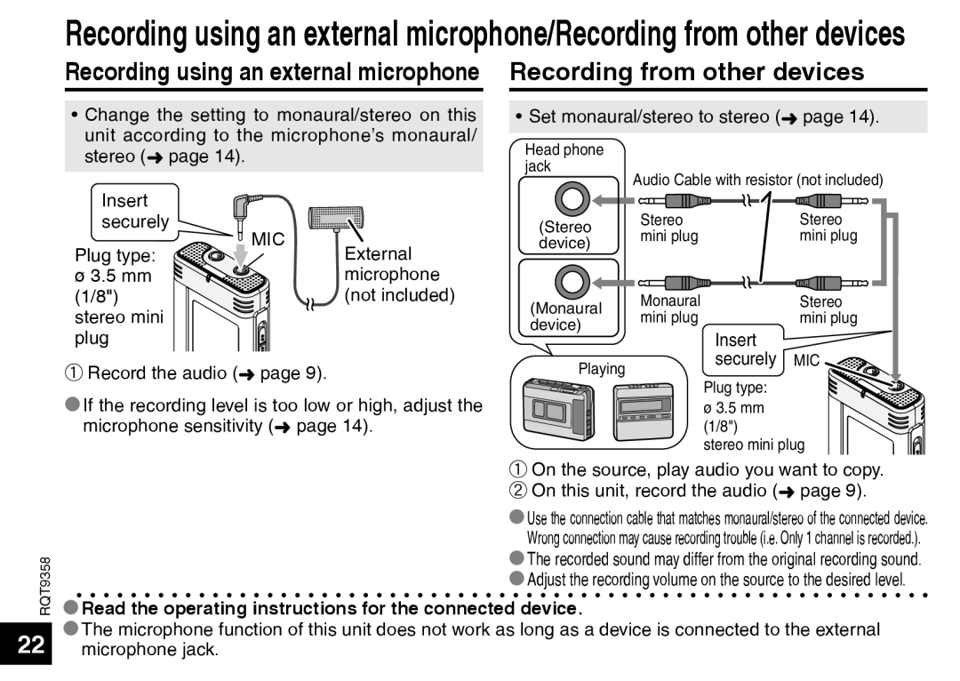 Panasonic RR-US570 operating instructions Recording using an external microphone/Recording from other devices 