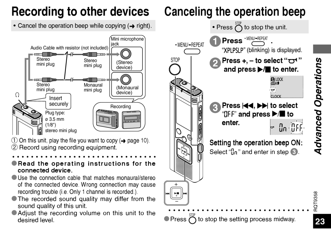 Panasonic RR-US570 Recording to other devices, Canceling the operation beep, Press u, i to select, Advanced Operations 