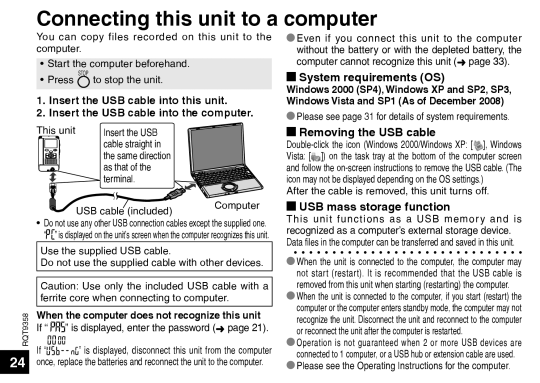 Panasonic RR-US570 Connecting this unit to a computer, g System requirements OS, g Removing the USB cable 