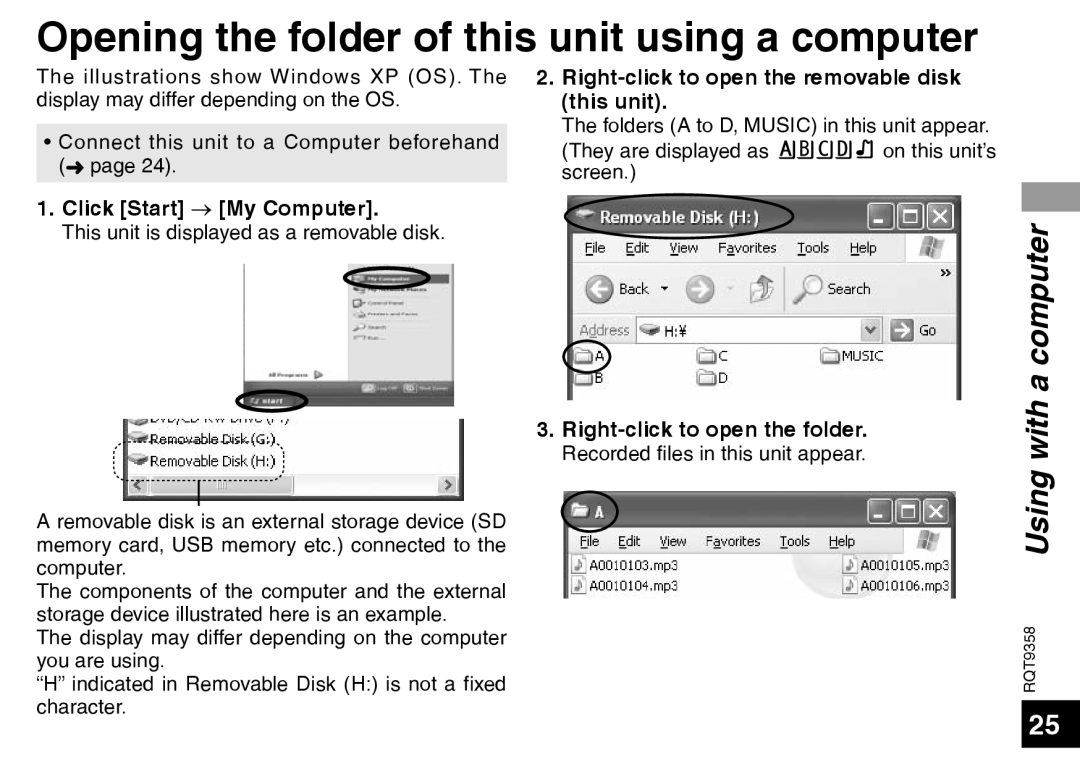 Panasonic RR-US570 operating instructions Opening the folder of this unit using a computer, RQT9358 Using with a computer 