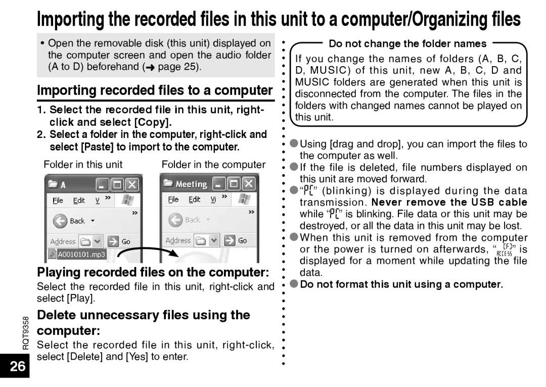 Panasonic RR-US570 operating instructions Importing recorded files to a computer, Playing recorded files on the computer 