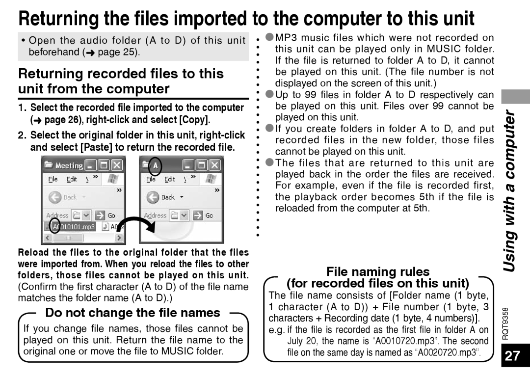 Panasonic RR-US570 operating instructions Returning the files imported to the computer to this unit, with a computer 