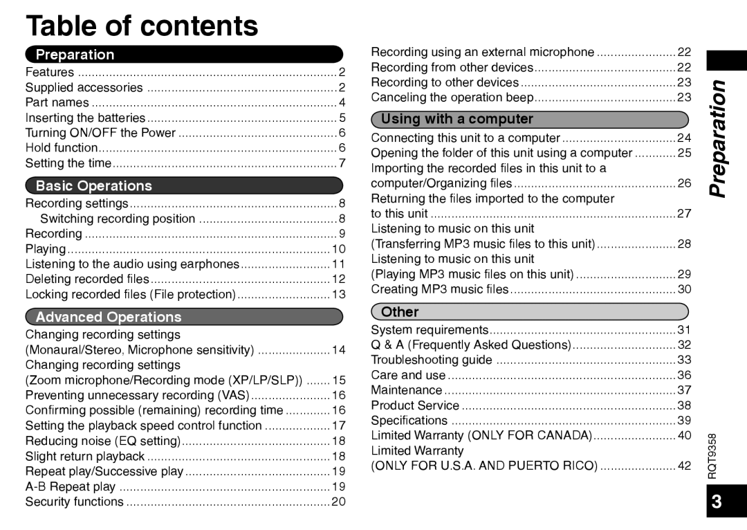 Panasonic RR-US570 Table of contents, Using with a computer, Other, Preparation, Basic Operations, Advanced Operations 