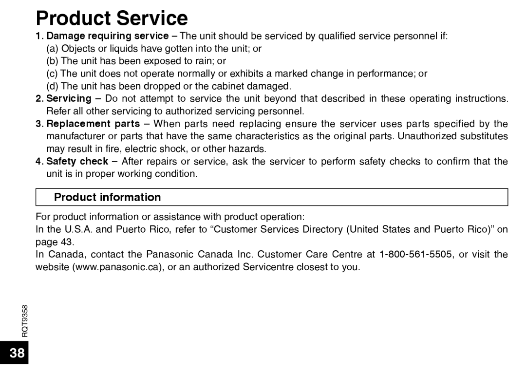 Panasonic RR-US570 operating instructions Product Service, Product information 