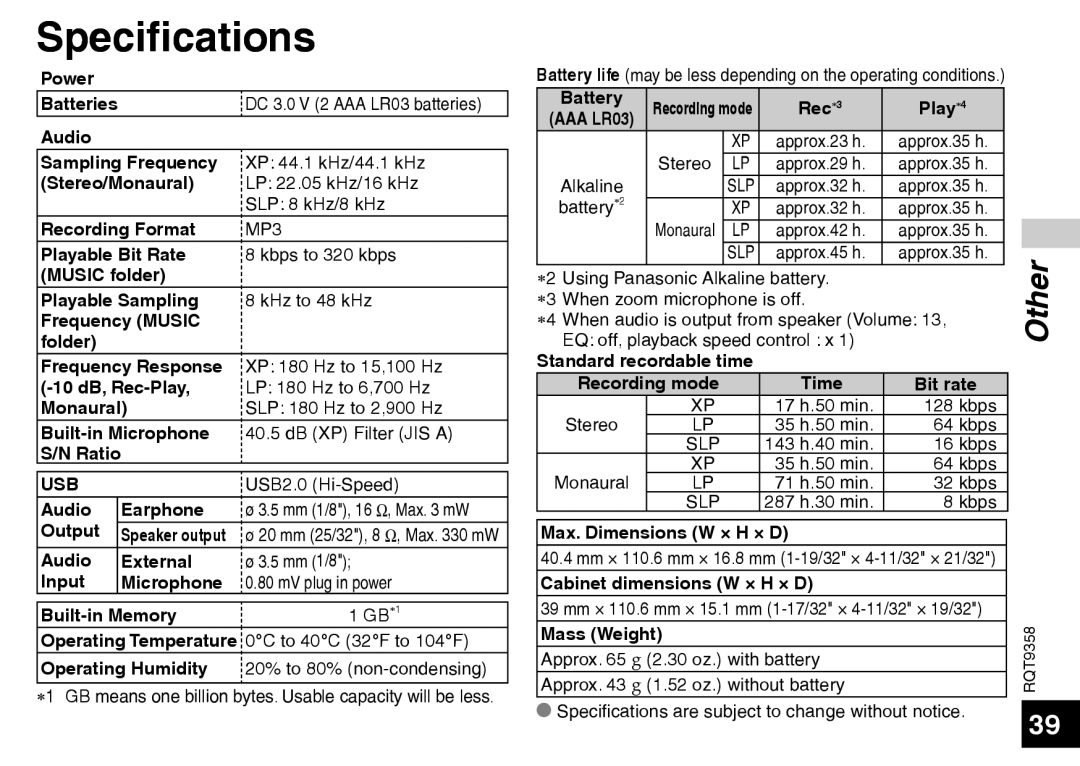 Panasonic RR-US570 operating instructions Specifications, Other 