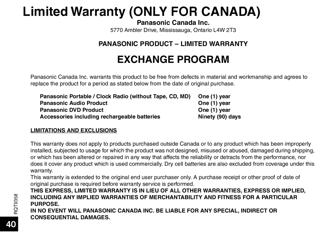 Panasonic RR-US570 operating instructions Limited Warranty ONLY FOR CANADA, Exchange Program, Panasonic Canada Inc 