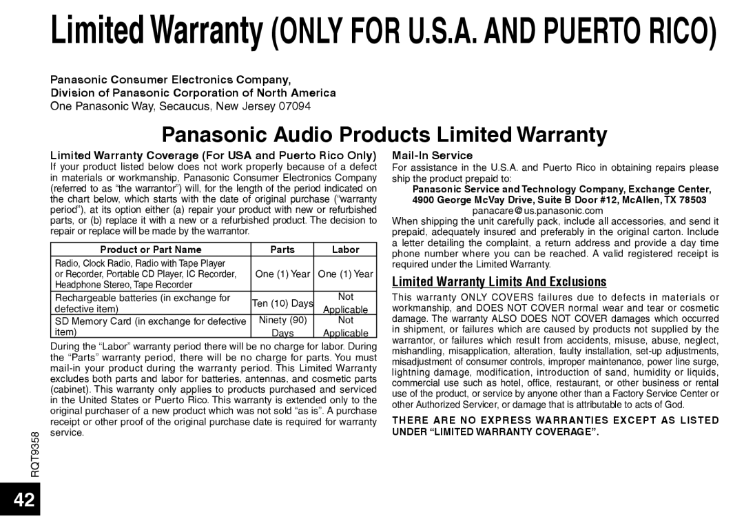 Panasonic RR-US570 Panasonic Audio Products Limited Warranty, Limited Warranty ONLY FOR U.S.A. AND PUERTO RICO 
