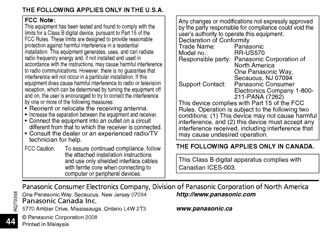 Panasonic RR-US570 THE FOLLOWING APPLIES ONLY IN THE U.S.A FCC Note, The Following Applies Only In Canada 