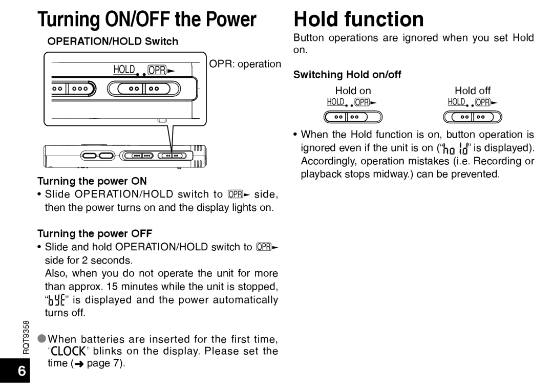 Panasonic RR-US570 Hold function, Turning ON/OFF the Power, OPERATION/HOLD Switch, Turning the power ON 