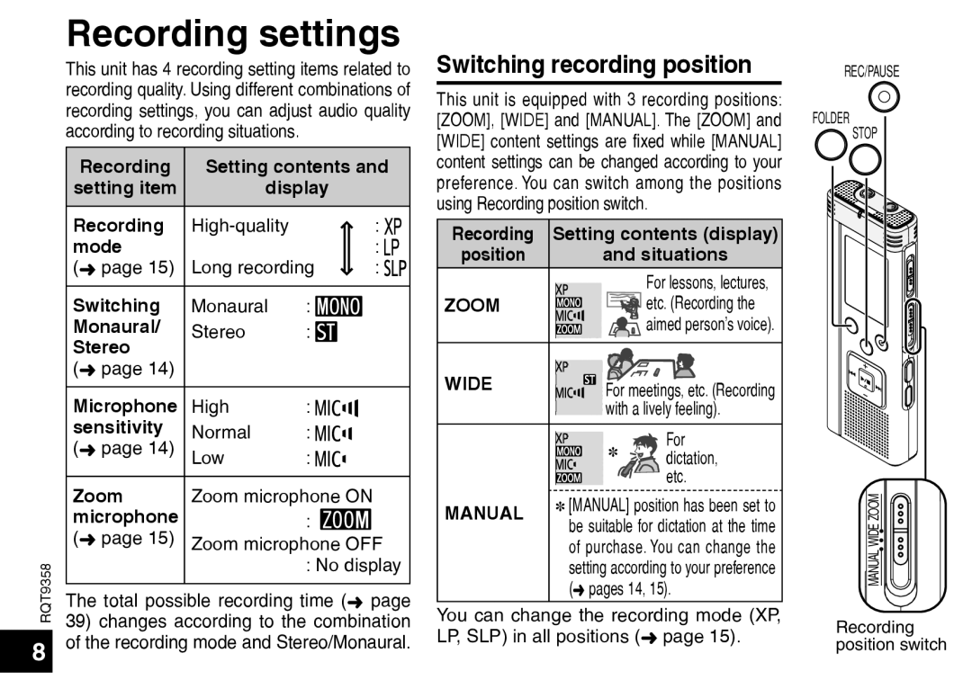 Panasonic RR-US570 Recording settings, Switching recording position, Setting contents and, display, mode, Monaural, Stereo 
